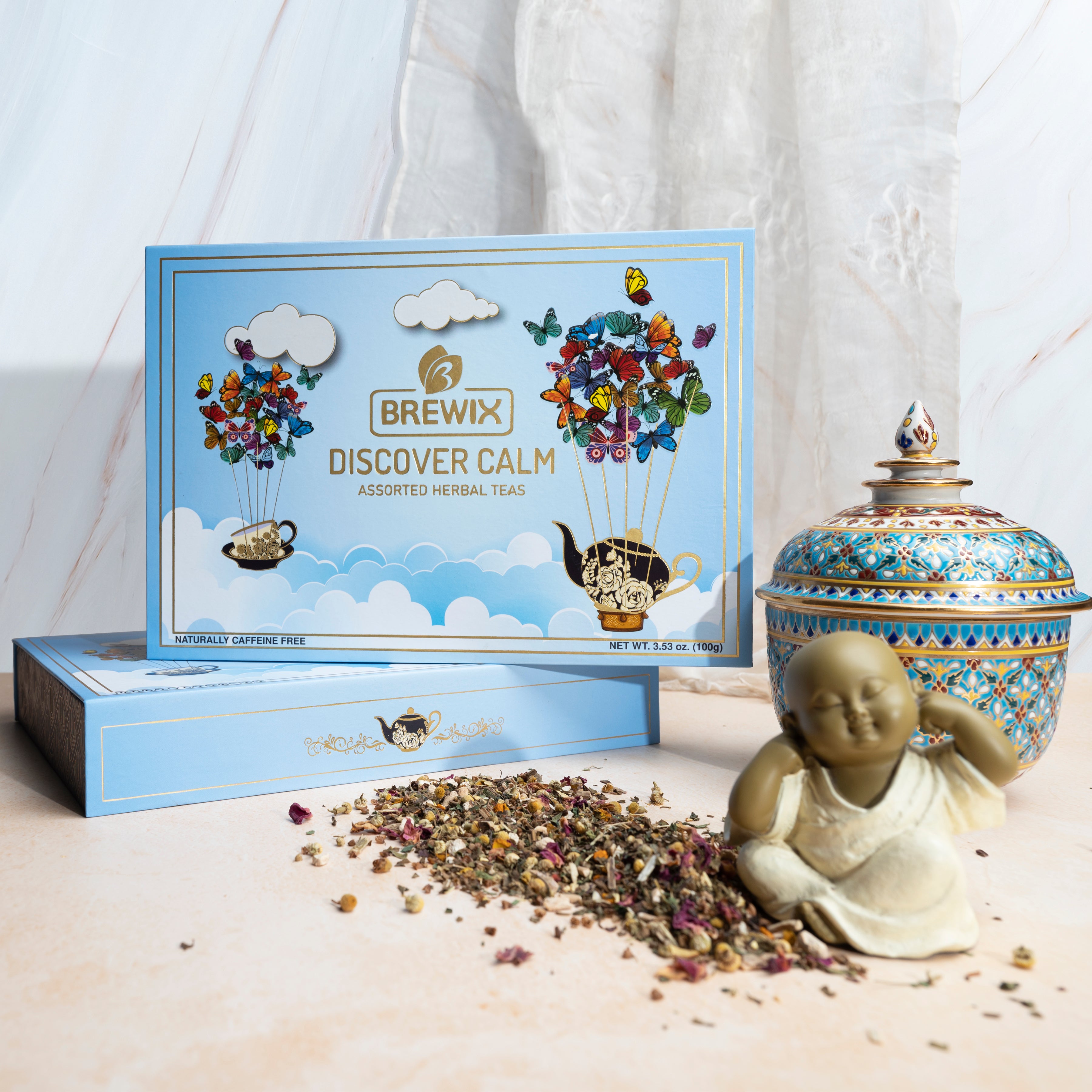 Discover Calm Herbal Tea Gift Set Box, 6 Premium Tisanes in Golden Tin Caddies