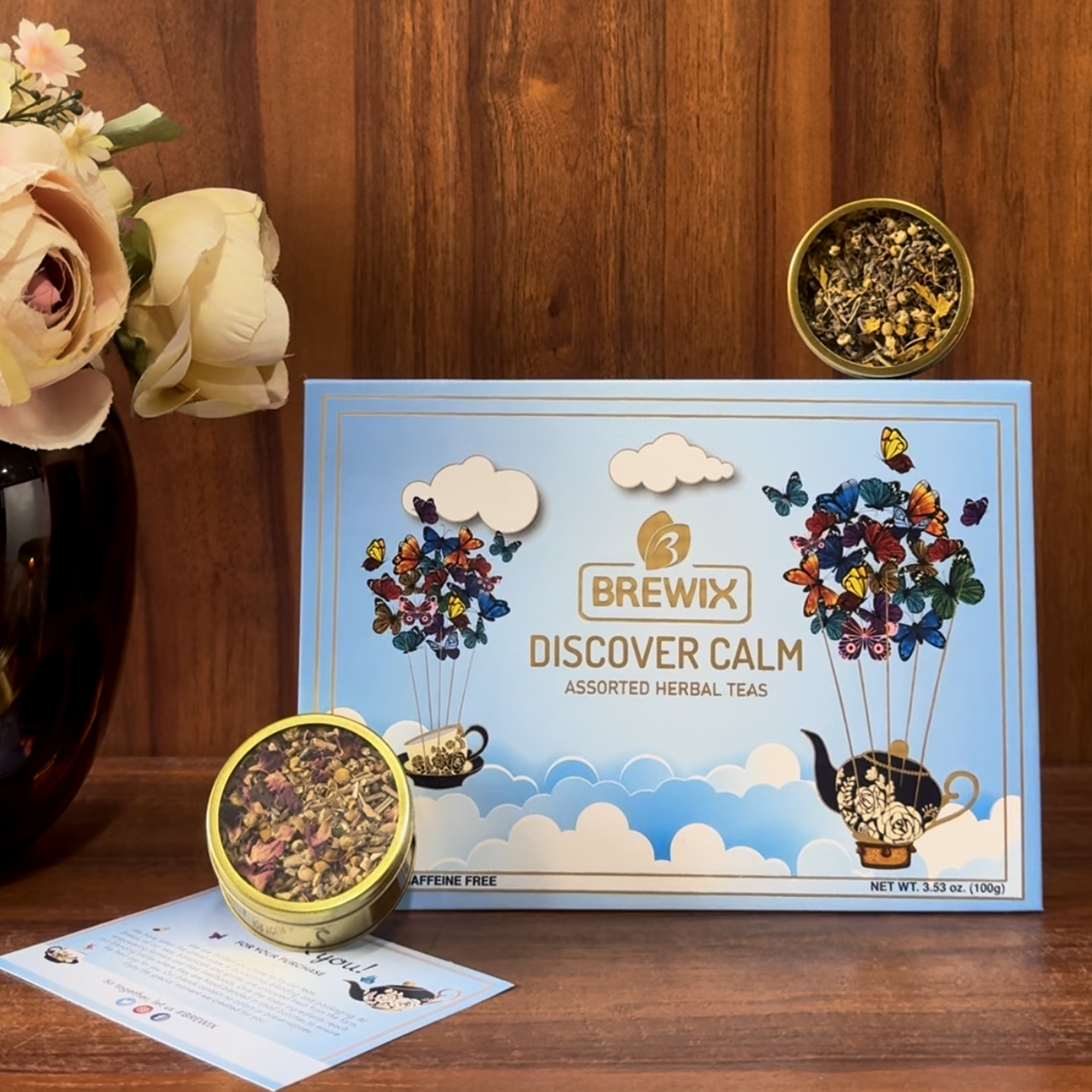 Discover Calm Herbal Tea Gift Set Box, 6 Premium Tisanes in Golden Tin Caddies