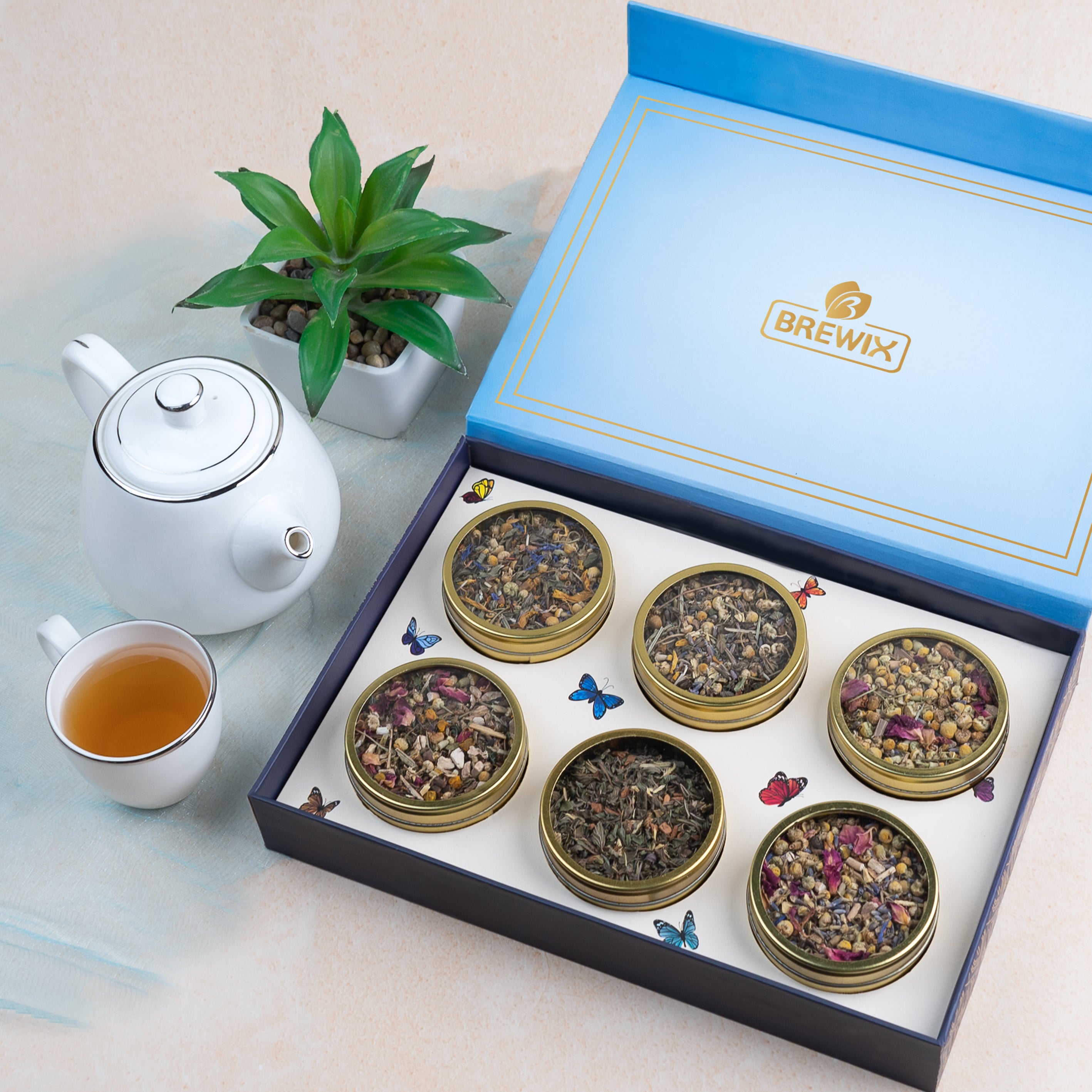 Discover Calm Herbal Tea Gift Set Box, 6 Premium Tisanes in Golden Tin Caddies