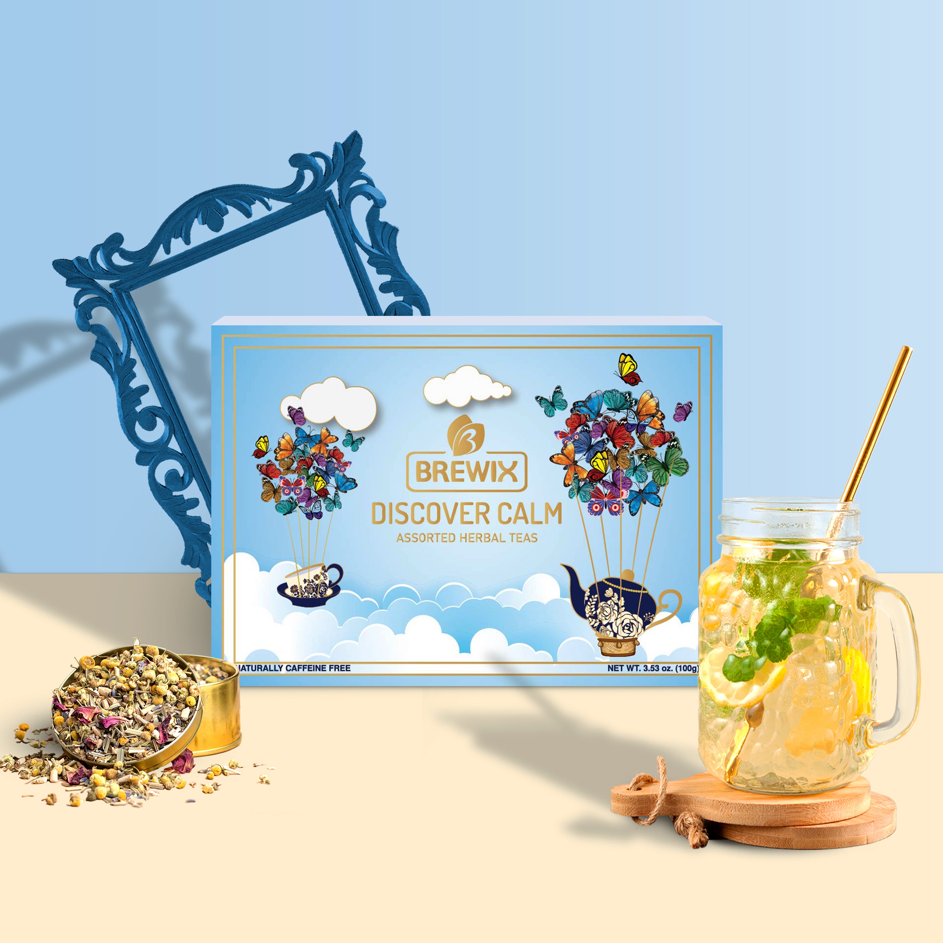 Discover Calm Herbal Tea Gift Set Box, 6 Premium Tisanes in Golden Tin Caddies