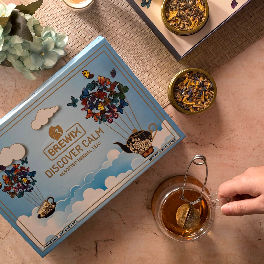 Discover Calm Herbal Tea Gift Set Box, 6 Premium Tisanes in Golden Tin Caddies