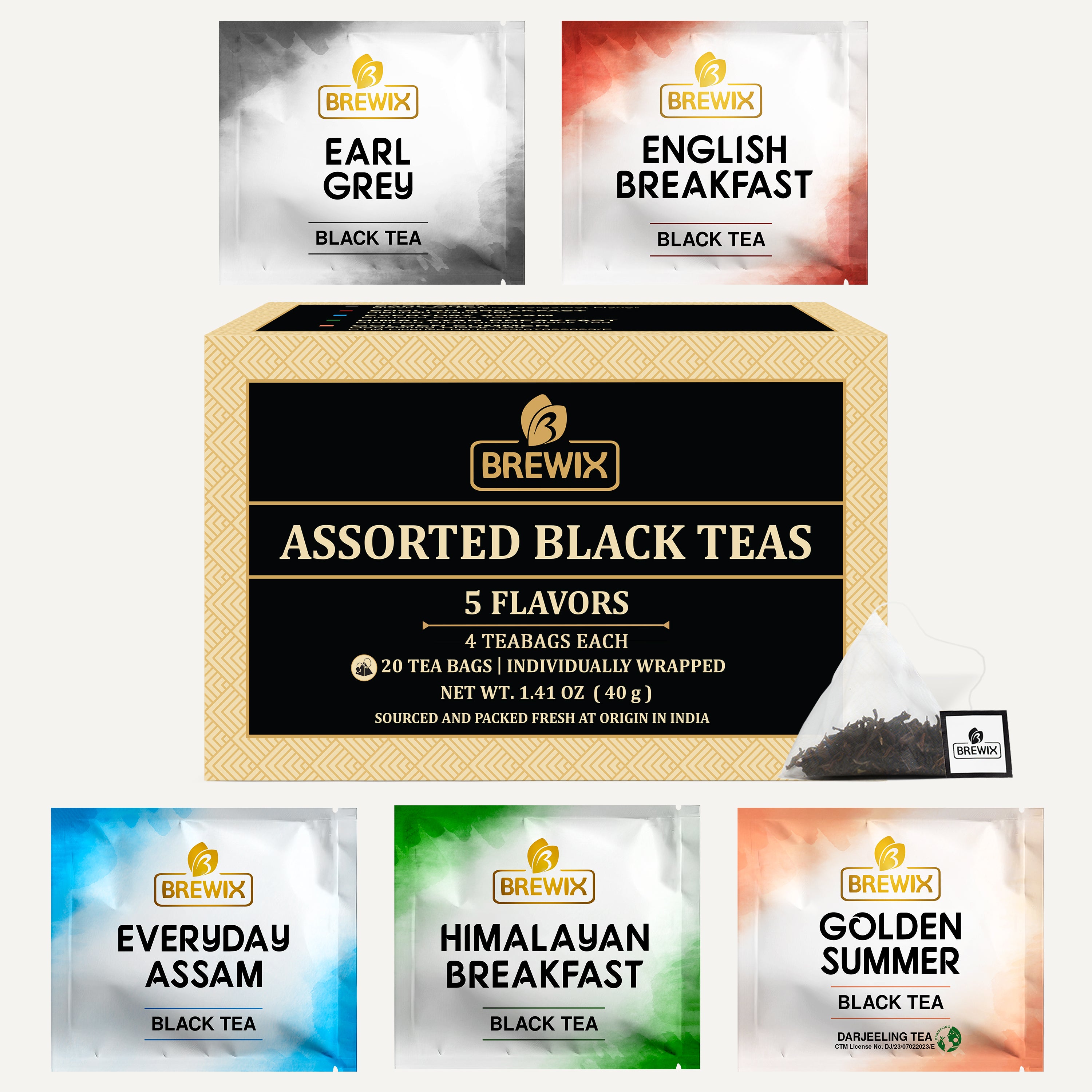 Assorted Black Tea Sampling Variety Pack with 5 Flavors and 20 Pyramid Tea Bags