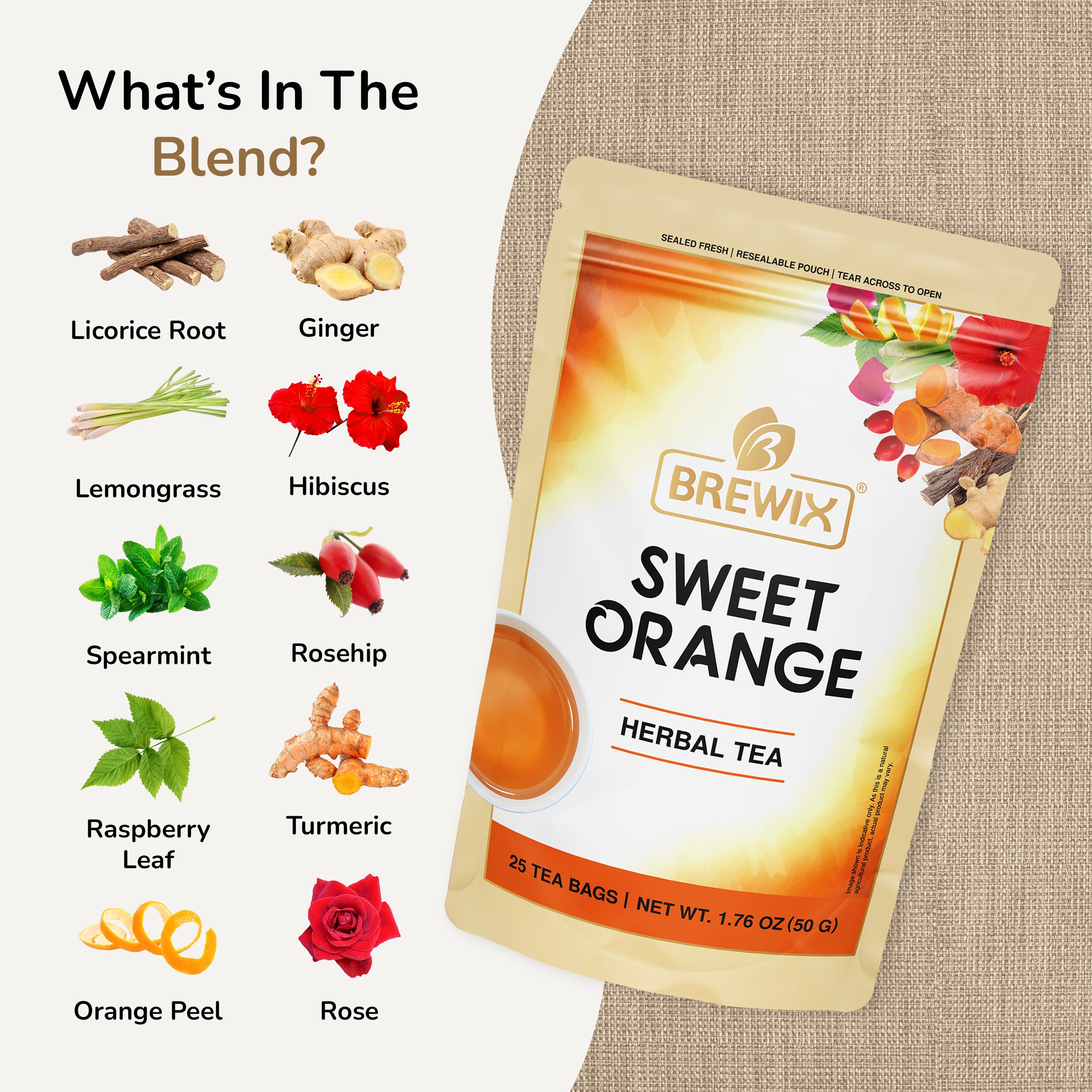 Sweet Orange Hibiscus Herbal Tea - Overall Wellness, packed with botanical goodness.